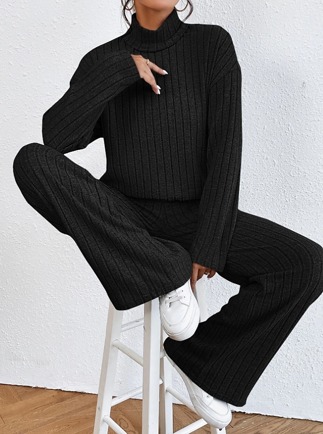 Femme Chaud Néon et lumineux Chemise Ensembles de pantalons Pantalon manche longue Col Roulé Couleur unie Casual Quotidien Noir Vert Véronèse Bleu Automne hiver Standard de 2025 ? $28.99 –P7