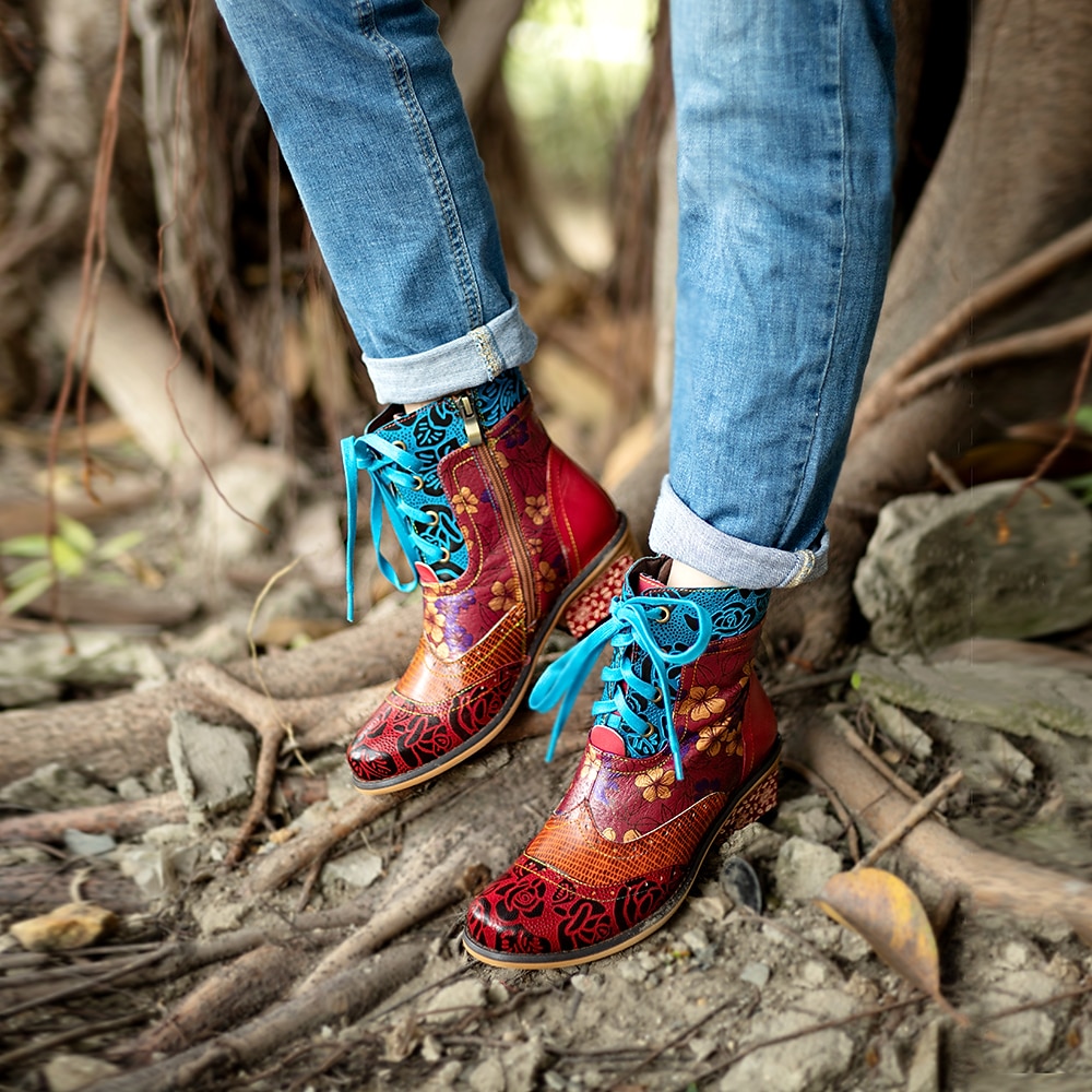 Botine de damă retro florale cu șireturi, cu fermoar, design colorat mozaic – stil casual și vintage pentru purtarea de zi cu zi 2025 - $94.99 –P4