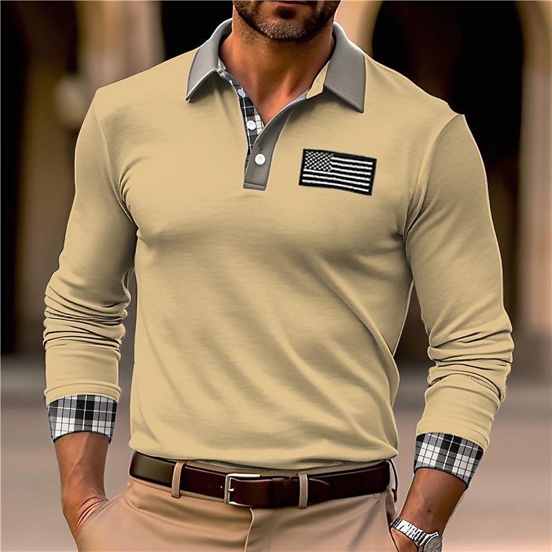 Herren Polos mit Knöpfen Poloshirt Casual Sport Kargen Langarm Modisch Basic Farbblock Nationalflagge Bestickt Taste Frühling & Herbst Regular Fit Schwarz Weiß Armeegrün Khaki Polos mit Knöpfen 2025 - $24.99 –P3