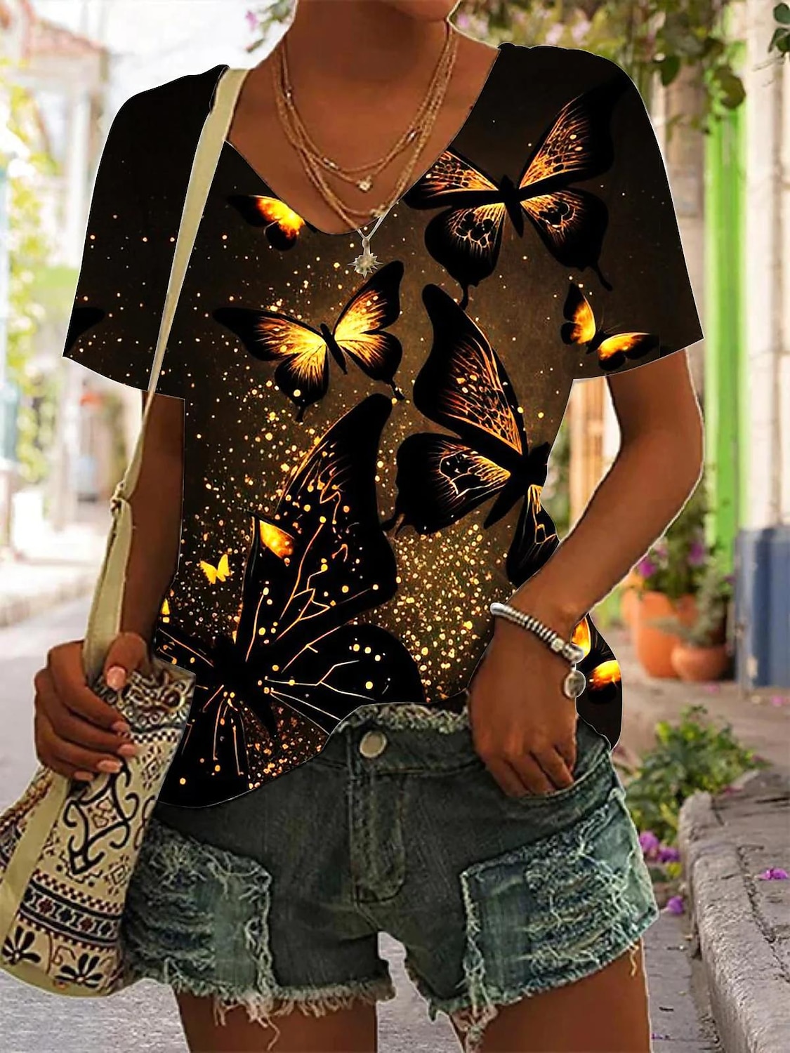 t-shirt basique fluo pour femme&hauts à manches courtes à imprimé abstrait lumineux, col en V, quotidien, week-end, jaune, bleu, or, bleu clair de 2025 ? $21.99 –P7