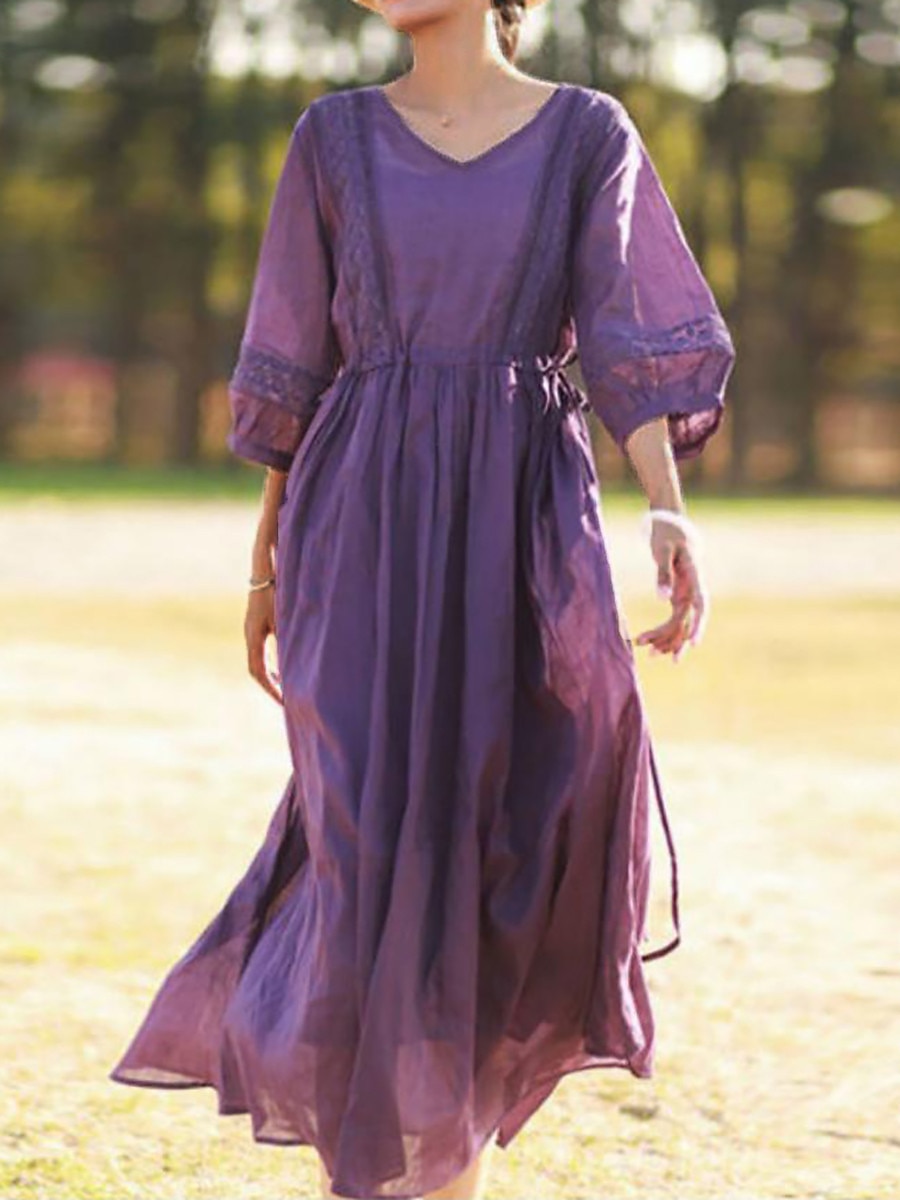 Femmes Noir Blanche Jaune Automne Robe maxi Robes inspirées du lin Robe Décontractée Basique Classique Occasionnel Extérieur Vacances Quotidien Coupe Ample Uni Col en V de 2025 ? $32.99 –P1