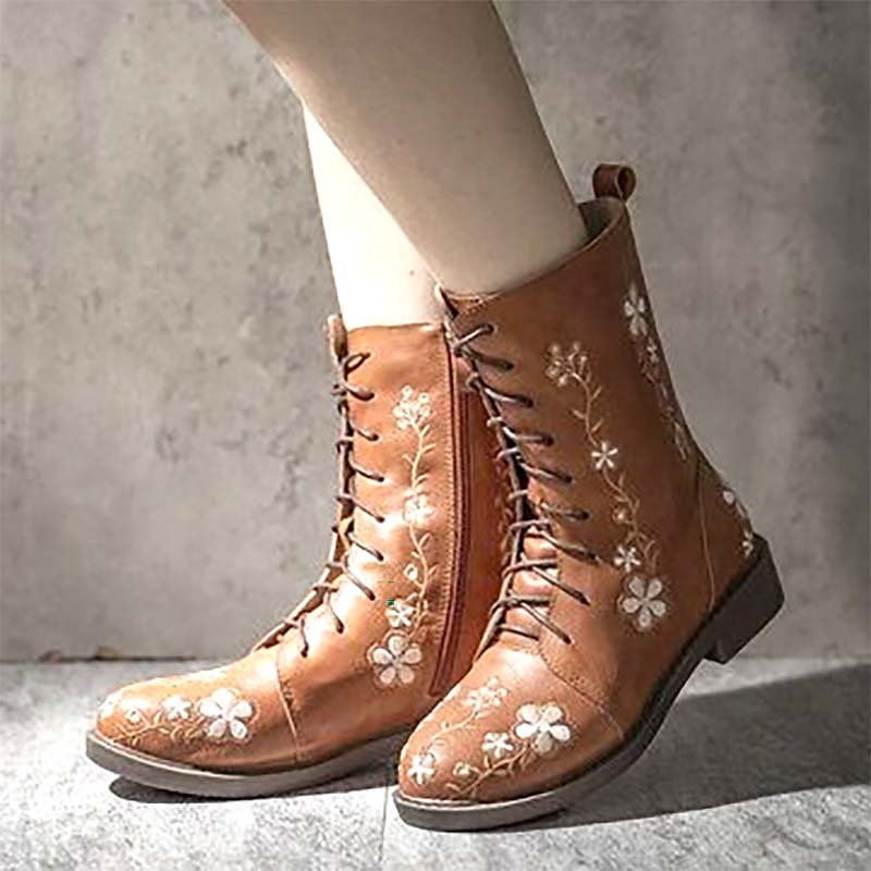 Women's Vintage Floral Embroidered Lace-Up Ankle Boots - Bohemian Style Leather Boots with Side Zipper for Fall and Winter 2025 - $42.99 –P3