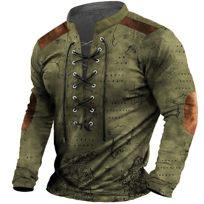 Bărbați Harta lumii Imprimeu Grafic Tricouri grafice Cămașă de epocă Manșon Lung Tricou Cămașă Modă Designer Casual În aer liber Vacanță Purtare Zilnică Negru Maro Trifoi Primăvara & toamnă 2025 - $22.99 –P4