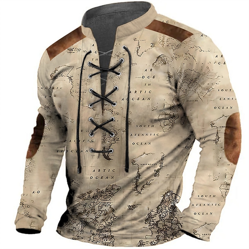 Bărbați Harta lumii Imprimeu Grafic Tricouri grafice Cămașă de epocă Manșon Lung Tricou Cămașă Modă Designer Casual În aer liber Vacanță Purtare Zilnică Negru Maro Trifoi Primăvara & toamnă 2025 - $22.99 –P2