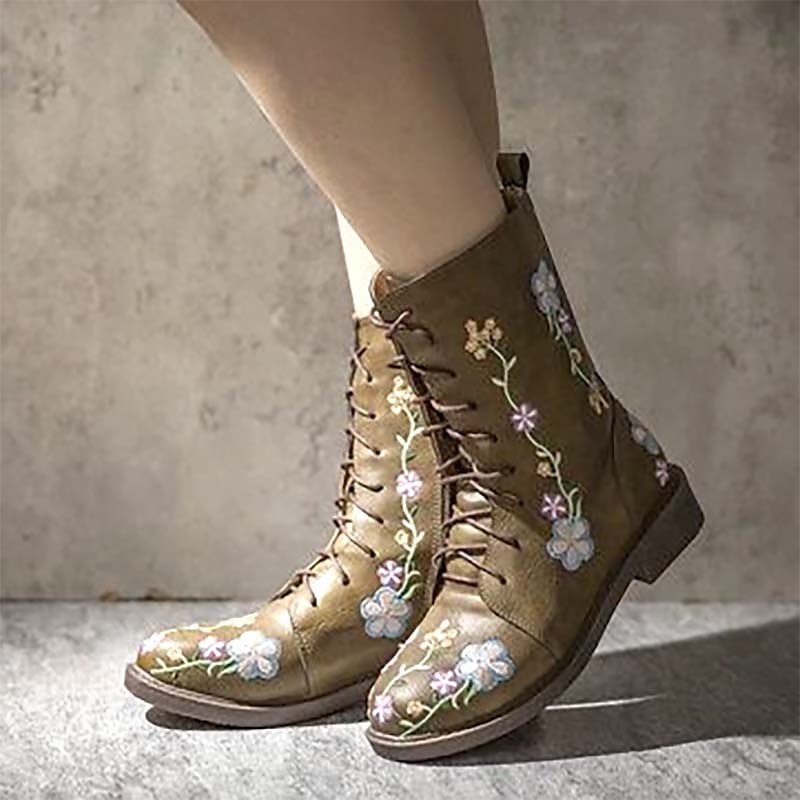 Women's Vintage Floral Embroidered Lace-Up Ankle Boots - Bohemian Style Leather Boots with Side Zipper for Fall and Winter 2025 - $42.99 –P2