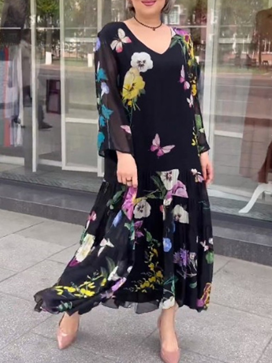 Femme Robe de bal robe soirée Invité de mariage Robe Imprimer Col V manche longue Floral robe hiver robe demoiselle d honneur Noir Printemps Hiver de 2025 ? $28.99 –P1