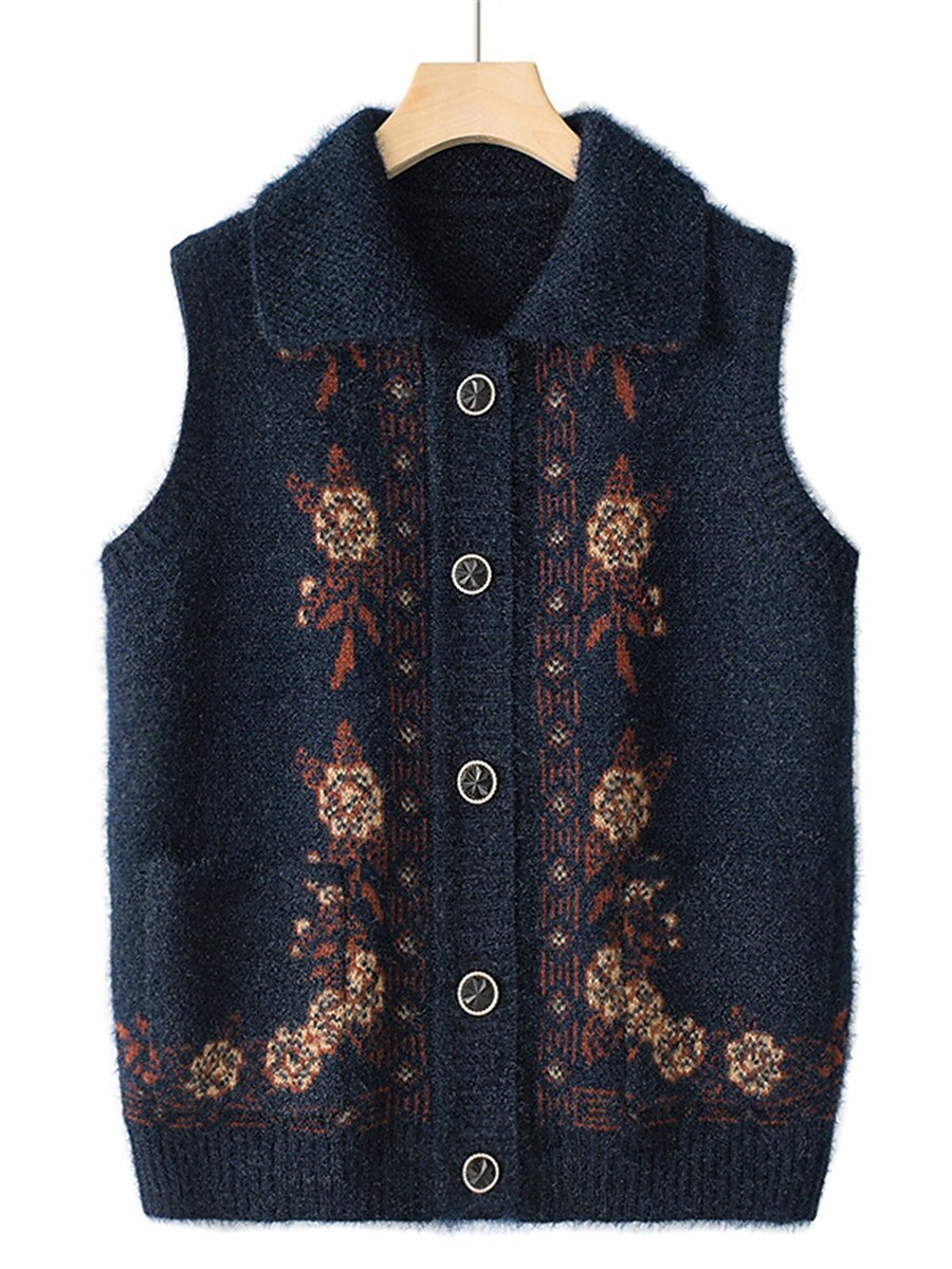 Women's Sweater Vest Shirt Collar Ribbed Knit Polyester Button Pocket Fall Winter Outdoor Daily Holiday Stylish Casual Soft Sleeveless Floral claret caramel colour Navy Blue 3XL reference 125-140 2023 - US $25.99 –P5