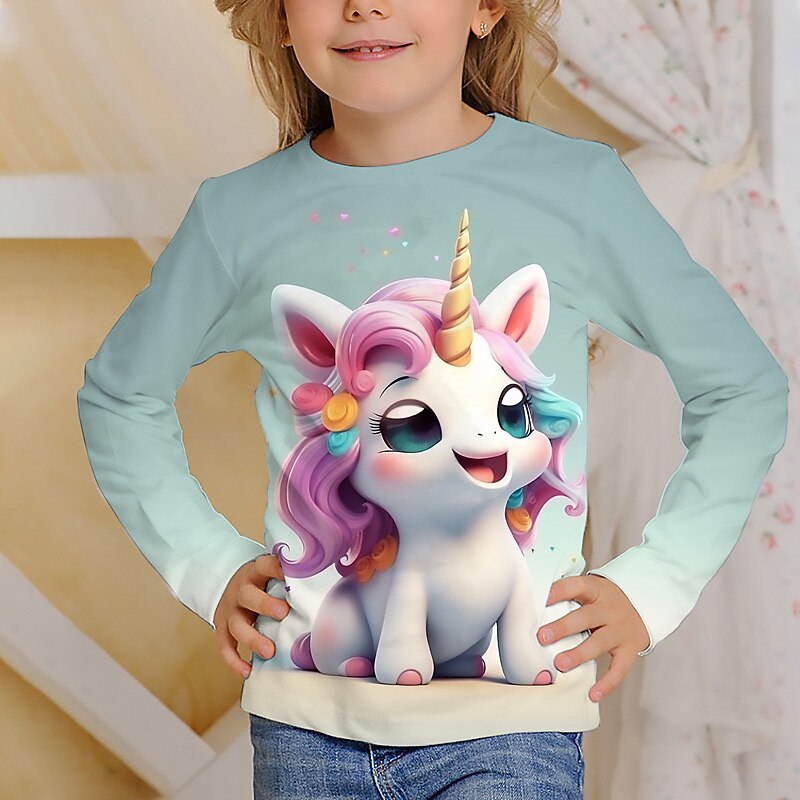 Flickor 3D Grafisk Tecknat Enhörnings T-shirt Långärmad 3D-tryck Sommar Höst Aktiv Mode söt stil Barn 3-12 år Utomhus Ledigt Dagligen Normal 2025 - $13.99 –P7