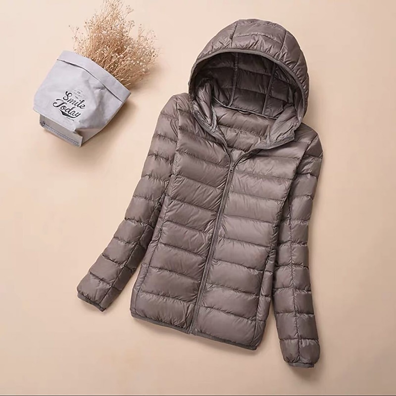pufferjakke for kvinner med hettegenser jakke turdunjakke vinter utendørs termisk varm pakkbar vanntett vindtett jakke topp full lengde synlig glidelås fiske camping / fotturer / grotting 2025 - $35.99 –P12