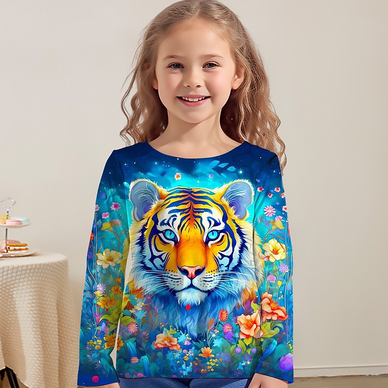 Lány 3D Grafika Állat Tigris Póló Hosszú ujj 3D nyomtatás Ősz Tél Aktív Divat aranyos stílus Gyerekek 3-12 év Szabadtéri Hétköznapi Napi Normál 2025 - $13.99 –P1