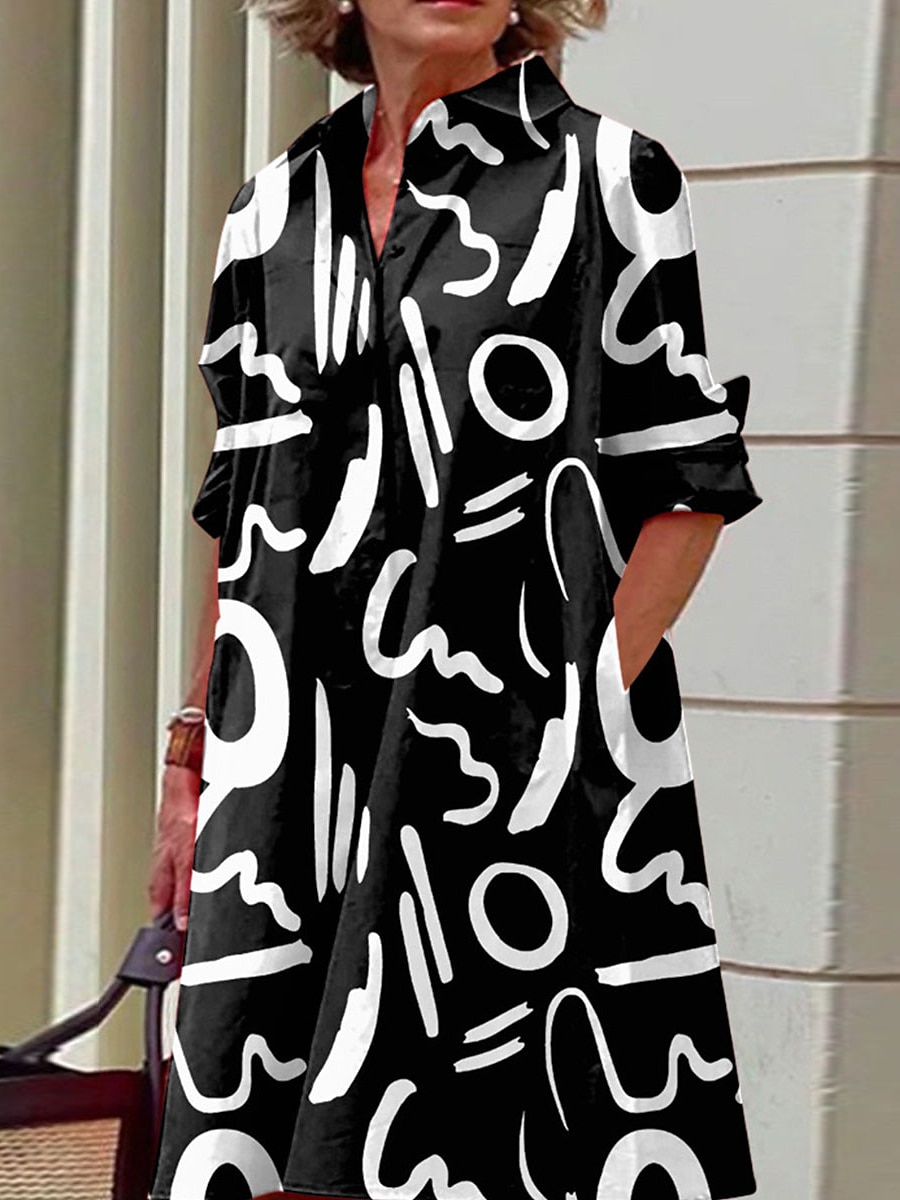 Abito midi donna Abito camicia Abito casual da esterno ufficio quotidiano moda moderna colletto camicia bottoni tasca maniche lunghe autunno inverno taglia larga a blocchi di colore graffiti del 2025 a $41.99 –P6