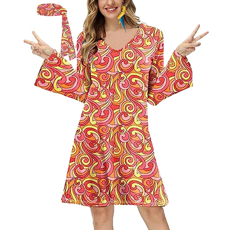 Hippie 1970er Disko Kleid Cosplay Kostüm Stirnband Trompetenärmel Hippie Disco Damen Mädchen Halloween Karneval Maskerade Party-Abendmode Pride Parade Pride-Monat Erwachsene Kleid Stirnband Frühling 2025 - €20.99 –P10