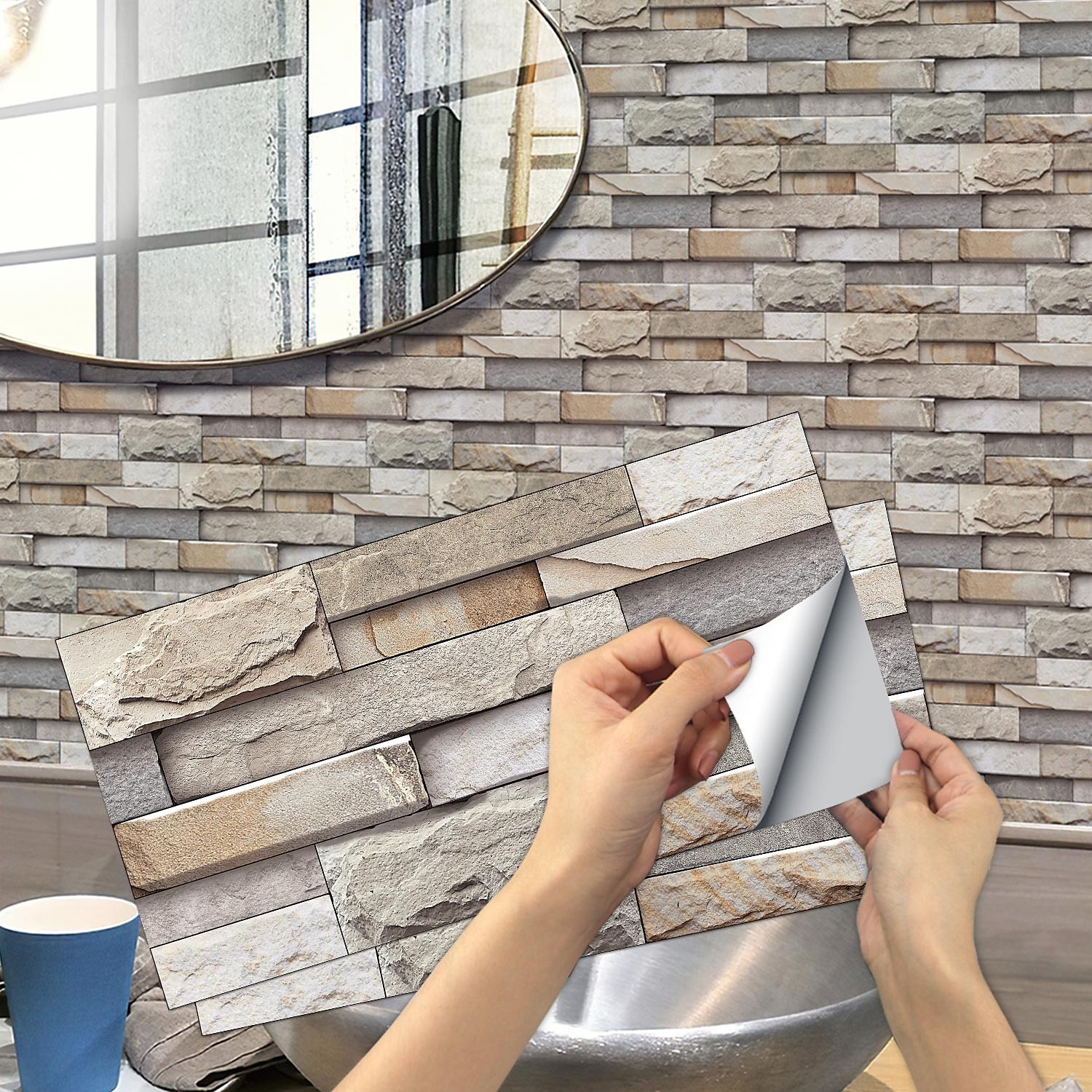 12 pz piastrelle di pietra artificiale wall sticker 3d carta da parati in vinile autoadesivo floreale home decor per cucina bagno 15*30 cm del 2025 a $20.99 –P1