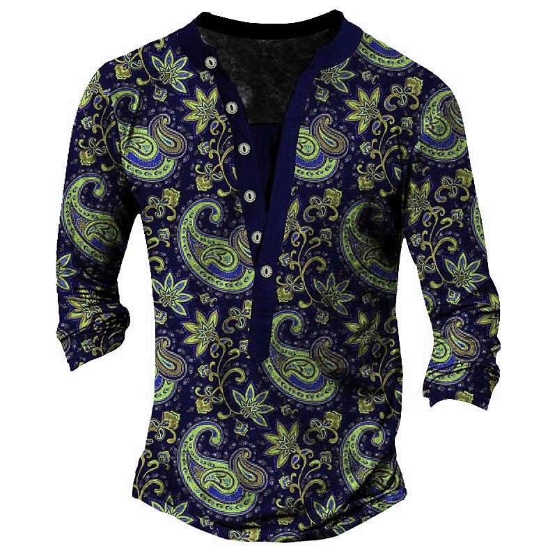 Hombre Estampados Estampado Floral Henley Shirt Camisetas gráficas camisa de la vendimia Manga Larga Impresión 3d Moda Básico Casual Exterior Vacaciones Diario Primavera & Otoño Burdeos Azul Marino 2025 - $22.99 –P3