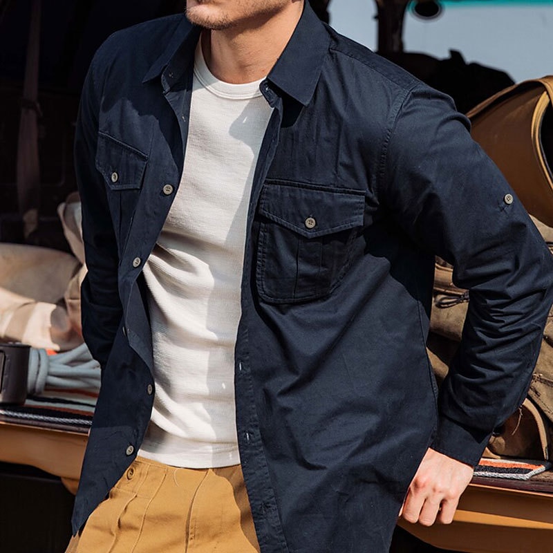 Voor heren Overhemdjasje Overhemd khaki Leger Groen Donkerblauw Lange mouw Effen Revers Vakantie Dagelijks Voorvak Kleding Katoen Katoenmix Modieus Casual Comfortabel 2025 - $35.99 –P4