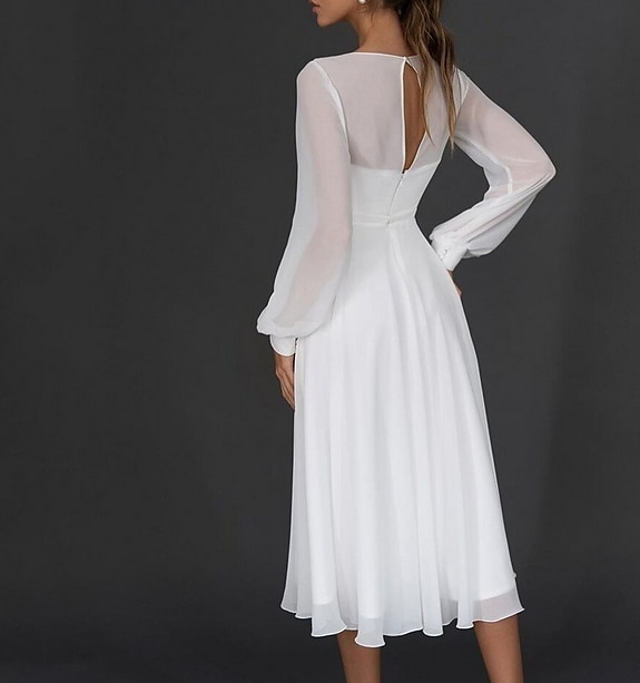 Reception Little White Dress Bridal Shower Dresses Wedding Dresses A-Line V Neck Long Sleeve Tea Length Chiffon Bridal Gowns With Pleats 2025 2025 - $131.99 –P2