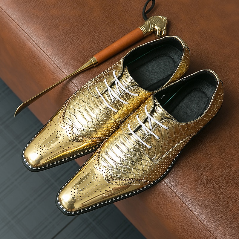 metalliske oxford-kjolesko for menn – skinnende brogue-snøresko i imitert skinn til fest, bryllup og sceneopptreden 2025 - $59.99 –P4