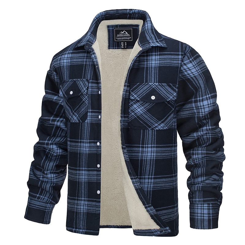 Men's Shirt Jacket Shacket Flannel Fleece Jacket Outdoor Daily Wear Warm Button Pocket Fall Winter Color Block Fashion Streetwear Lapel Regular Black Navy Blue Green Khaki Claret-red Jacket 2024 - $57.99 –P1