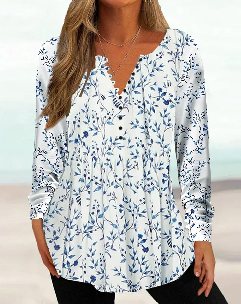 Kvinne Tunika Skjorte Henley Skjorte Bluse Tunika Basic Blomster Knappe Print Lang Erm Regular Tops Rund Hals Casual Ferie Gul Rosa Grønn Grå Lys Blå Vår Høst 2025 - $21.99 –P2