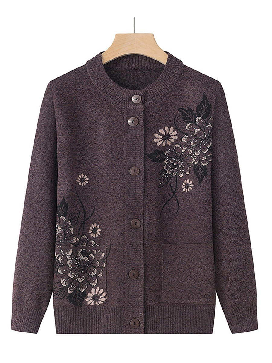 Dames Vest Trui Stijlvol Casual Zacht Bloemig Geribd Strakke ronde hals Knop Zak Lange mouw breien Buiten Feestdagen Uitgaan bordeaux Grasgroen Herfst Winter 2025 - $31.99 –P2