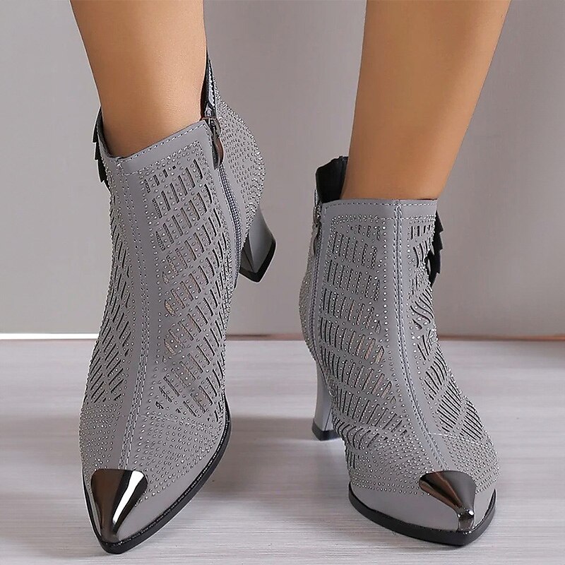 Women's Heels Boots Dress Shoes Sexy Shoes Party Club Cut-out Booties Ankle Boots Summer Rhinestone Zipper Chunky Heel Pointed Toe Business Sexy Glitter Mesh Zipper Black Grey 2023 - AED 193 –P5