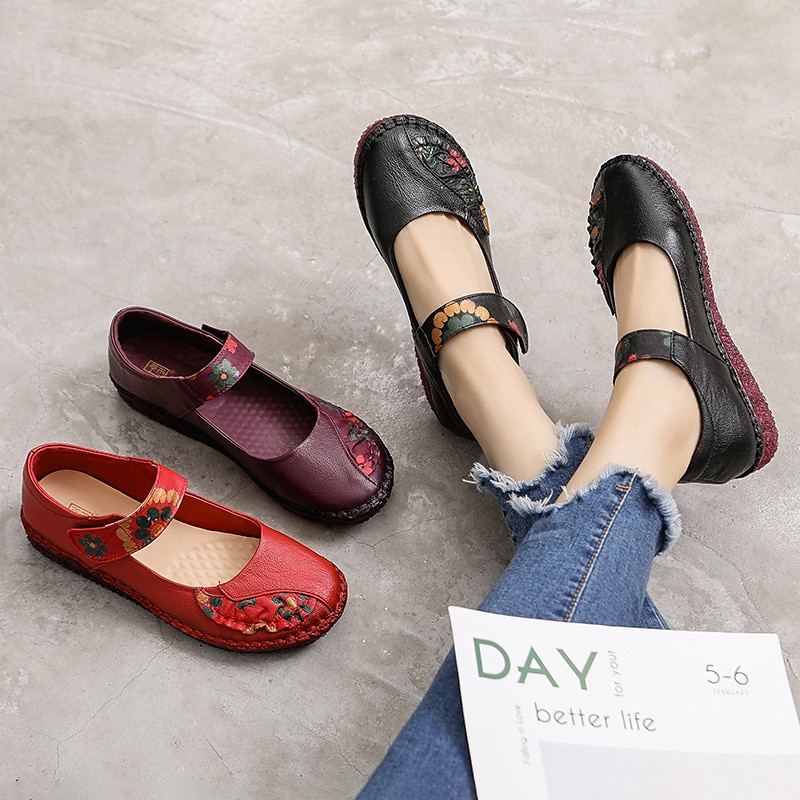 női piros bőr mezítlábas mary jane flats – hímzett virágos alkalmi kényelmes cipő tépőzáras pántokkal 2025 - $42.99 –P13