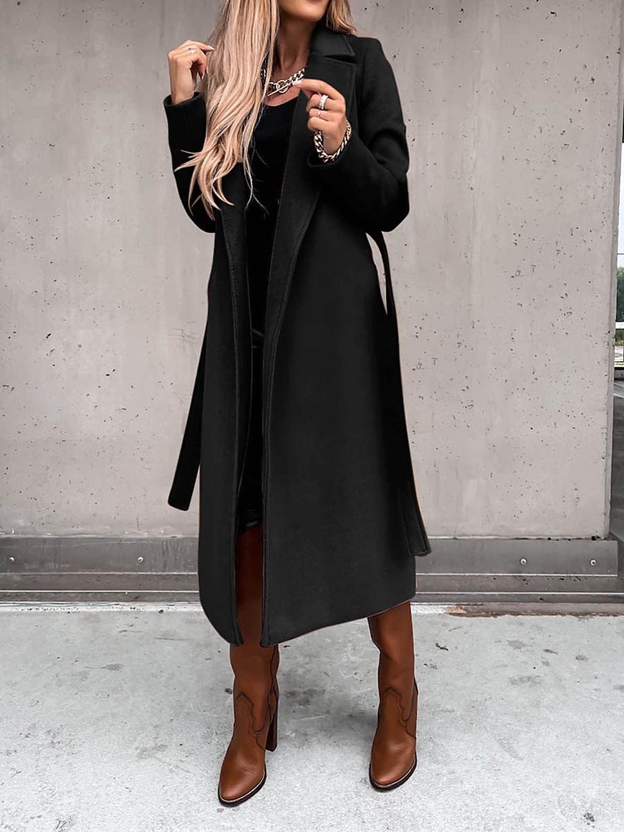 Women's Winter Coat Long Overcoat with Belt Fall Lapel Pea Coat with Pockets Trench Coat Fashion Street Wear Formal Jacket Long Sleeve  Black White Yellow 2023 - US $36.99 –P8