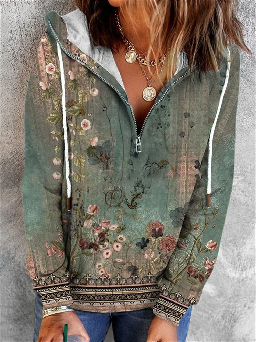 felpa con cappuccio da donna con cerniera felpa con cappuccio pullover floreale strada casual cerniera a un quarto vintage basic felpa con cappuccio manica lunga micro-elastico autunno&amp;tessuto del 2025 a $7.99 –P1