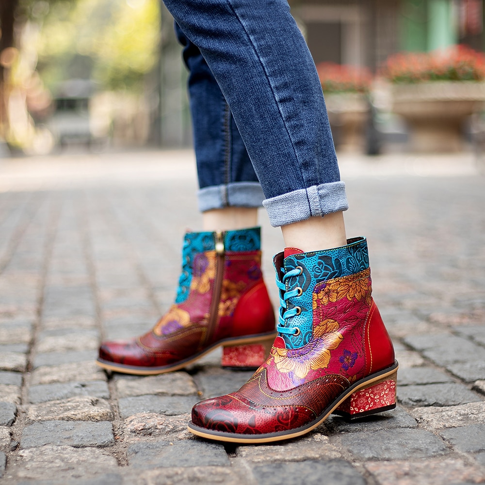 Botine de damă retro florale cu șireturi, cu fermoar, design colorat mozaic – stil casual și vintage pentru purtarea de zi cu zi 2025 - $94.99 –P1