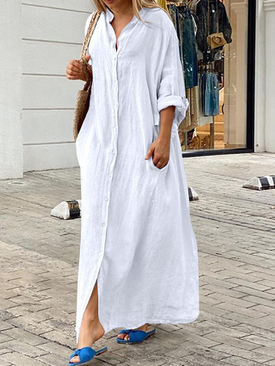 Femmes Noir Blanche Jaune Automne Robe Maxi Robe maxi Robes inspirées du lin Robe Blanche Robe noire Mode Quotidien Classique Extérieur Vacances Quotidien Coupe Ample Uni Col montant de 2025 ? $46.99 –P9