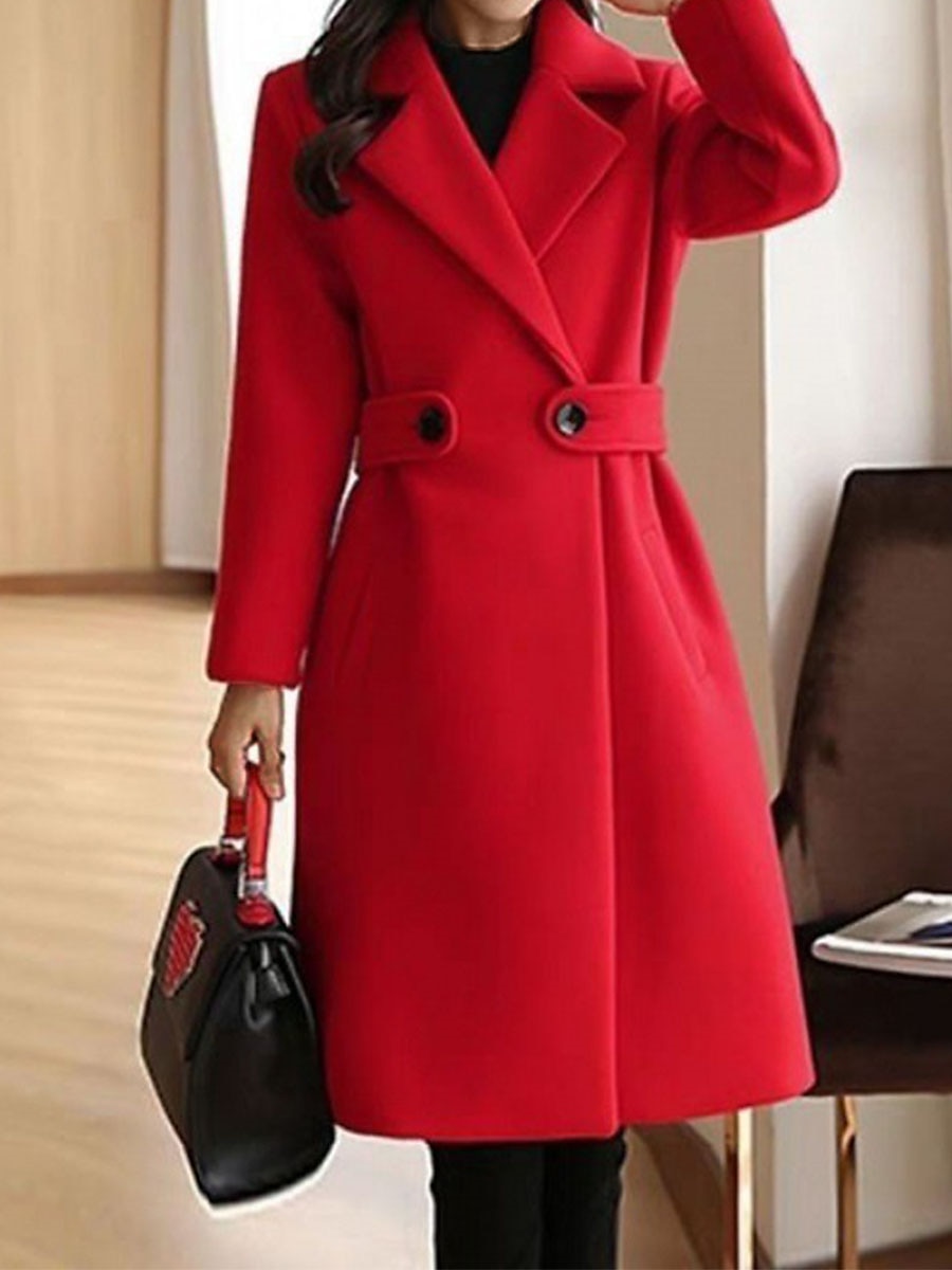 Women's Winter Coat Long Pea Coat Lapel Fall Warm Overcoat Maillard Windproof Warm Outerwear with Pockets Trench Coat Comtemporary Stylish Casual Jacket Long Sleeve Red Camel Brown 2023 - US $44.99 –P6