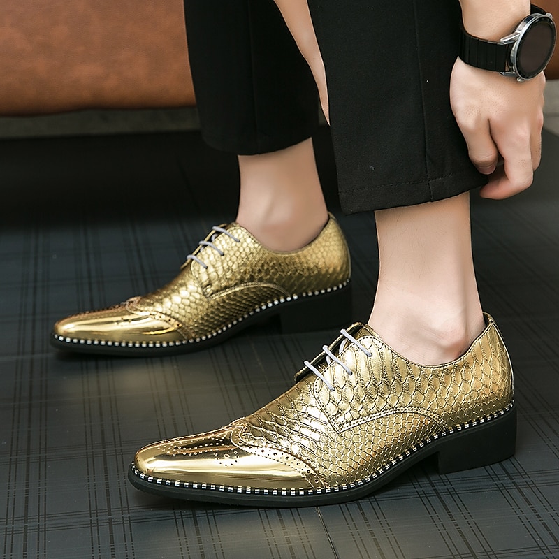 metalliske oxford-kjolesko for menn – skinnende brogue-snøresko i imitert skinn til fest, bryllup og sceneopptreden 2025 - $59.99 –P2