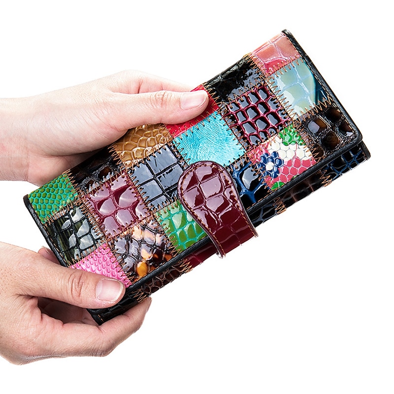 patchwork-lommebok i ekte skinn for kvinner, multikortholder med stor kapasitet, vintage lang clutch-lomme med glidelåslomme, tilgjengelig i 4 unike stiler 2026 - $26.99 –P2