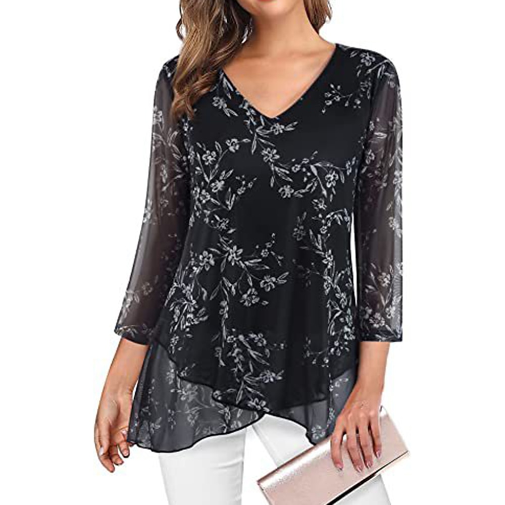 camicetta da donna quotidiano basic stampa floreale manica lunga regular top scollo a V casual nero verde chiaro vino blu verde autunno&amp; inverno del 2025 a $31.99 –P4