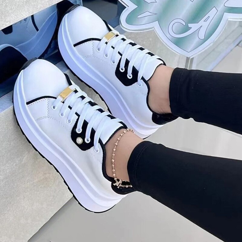 Women's Sneakers Plus Size Platform Sneakers Daily Solid Color Summer Flat Heel Round Toe Casual Comfort PU Lace-up Black White Pink 2023 - AED 101 –P3