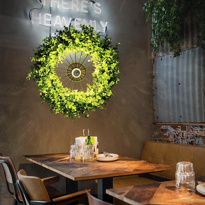 Lightinthebox plafoniere led lampada da parete in stile ghirlanda per piante e27 lampadina semi-elettrolitica a forma di ruota in ferro battuto finto pianta verde montaggio a parete bar caffetteria del 2025 a $187.99 –P4