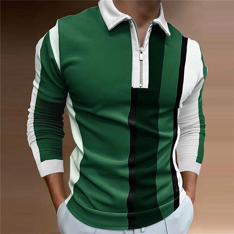 Men's Striped Zip Polo Shirts Golf Shirt Long Sleeve Polo Shirts Collared Shirts Business Casual WorkWear Formal Wear Festival Wear 3D Print Quarter Zip Polo Navy Blue Dark Green Brown 2025 - $23.99 –P6