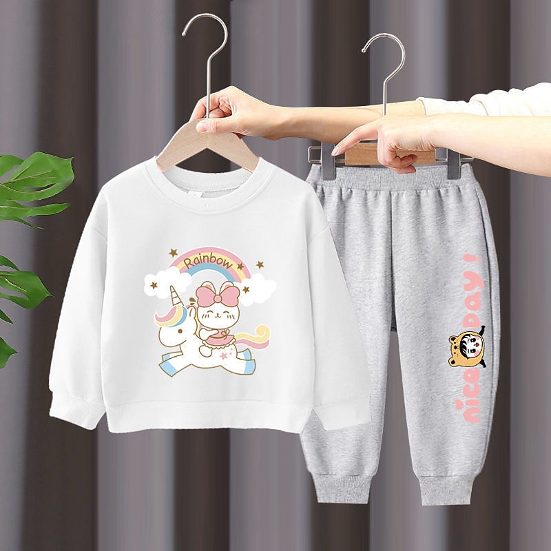2 Stück Kinder Mädchen Regenbogen Rundhalsausschnitt Hoodie- und Jogginghosen-Set einstellen Langarm Aktiv Outdoor Baumwolle 3-7 Jahre Frühling Schwarzer Einhornpullover + schöne schwarze Hose 2025 - $16.99 –P13