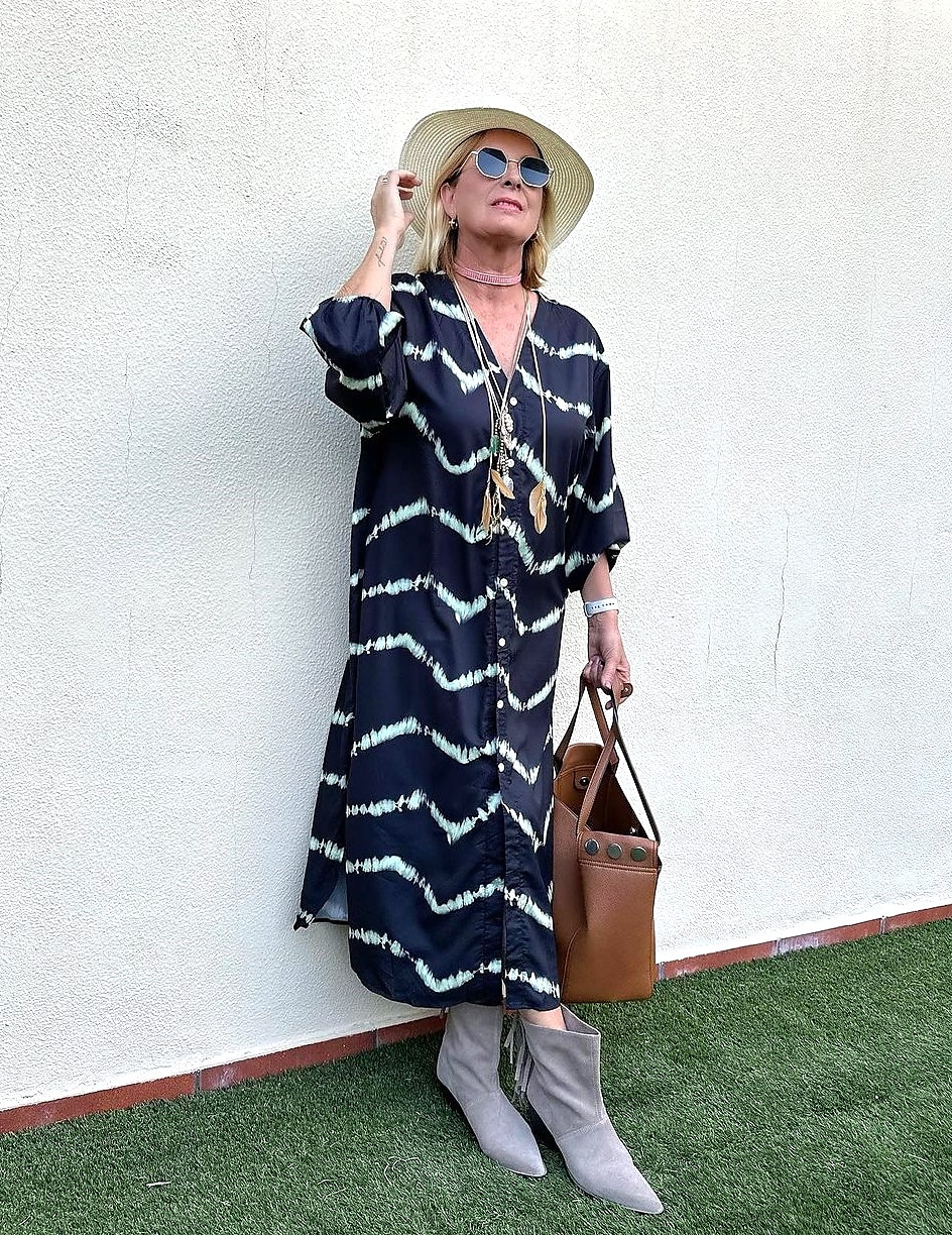 kvinners geometriske stripe knapp splitt v-hals maxi lang kjole daglig ferie langermet sommer våren 2025 - $51.99 –P11