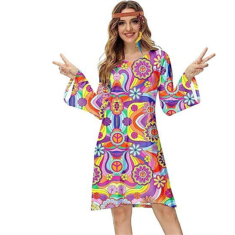 Hippie 1970er Disko Kleid Cosplay Kostüm Stirnband Trompetenärmel Hippie Disco Damen Mädchen Halloween Karneval Maskerade Party-Abendmode Pride Parade Pride-Monat Erwachsene Kleid Stirnband Frühling 2025 - €20.99 –P7