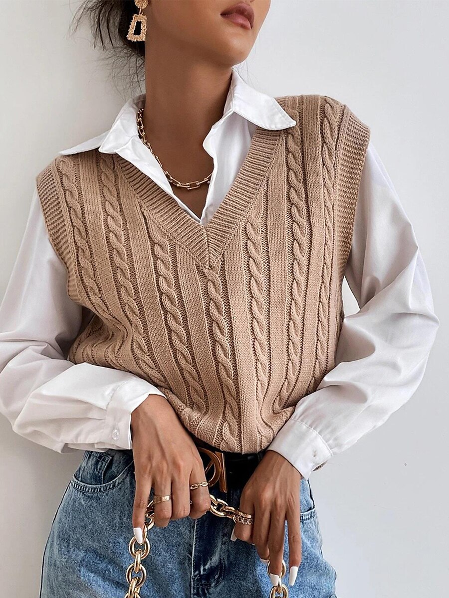 Women's Sweater Vest V Neck Ribbed Cable Knit Acrylic Patchwork Fall Winter Outdoor Daily Going out Stylish Casual Soft Sleeveless Solid Color Maillard Black Khaki S M L 2023 - US $27.99 –P5