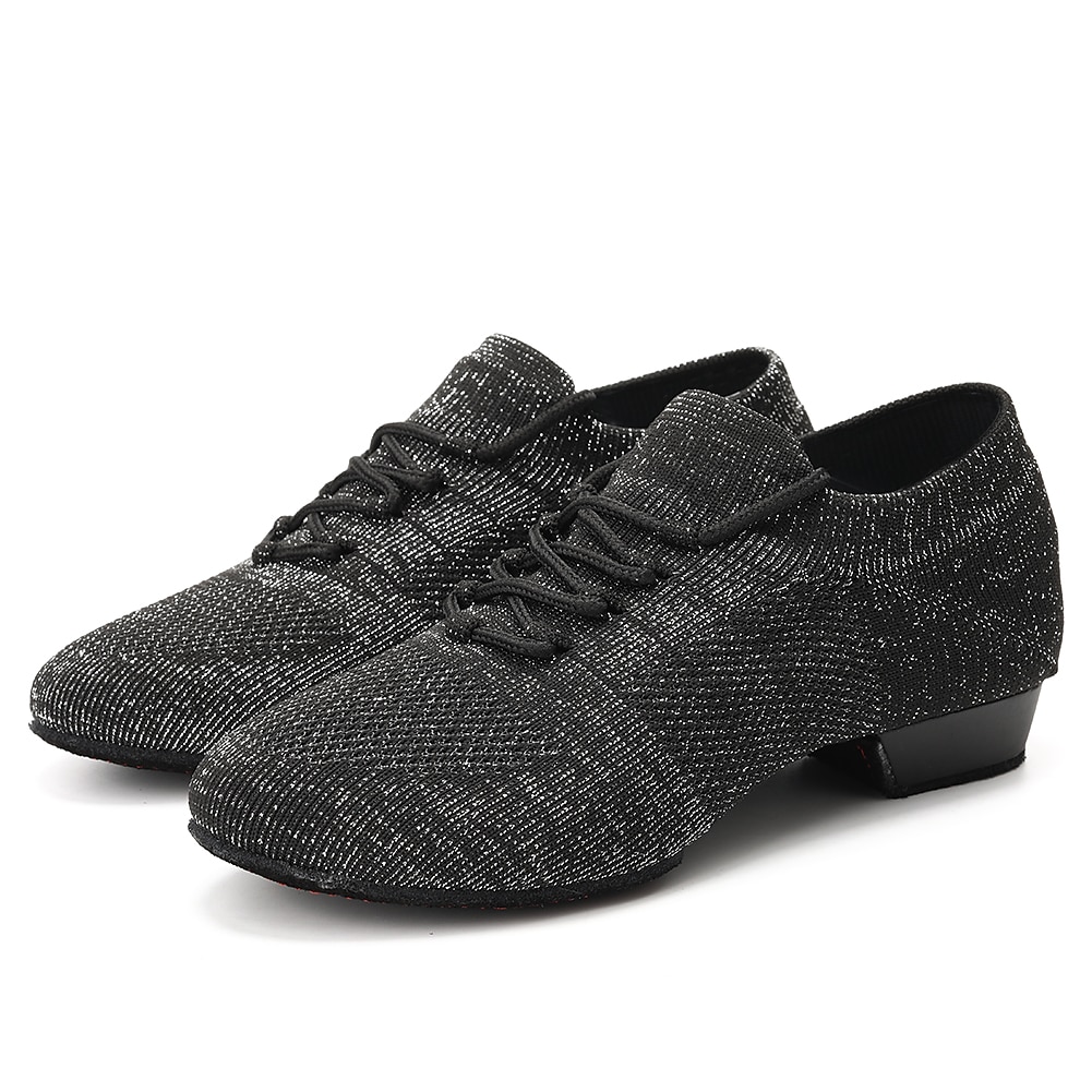 scarpe da ballo jazz da donna in maglia glitterata nera con design allacciato e suola in pelle scamosciata - scarpe da ballo leggere e traspiranti per sala da ballo e balli latini del 2025 a $26.99 –P1