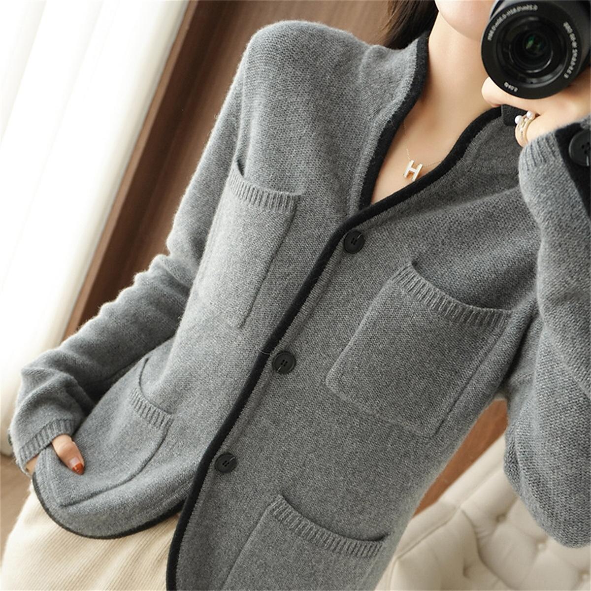 Women's Cardigan Sweater Stand Collar Ribbed Knit Alpaca Wool Button Pocket Fall Winter Outdoor Daily Going out Stylish Casual Soft Long Sleeve Solid Color Brown Beige Grey M L XL 2023 - US $27.99 –P14