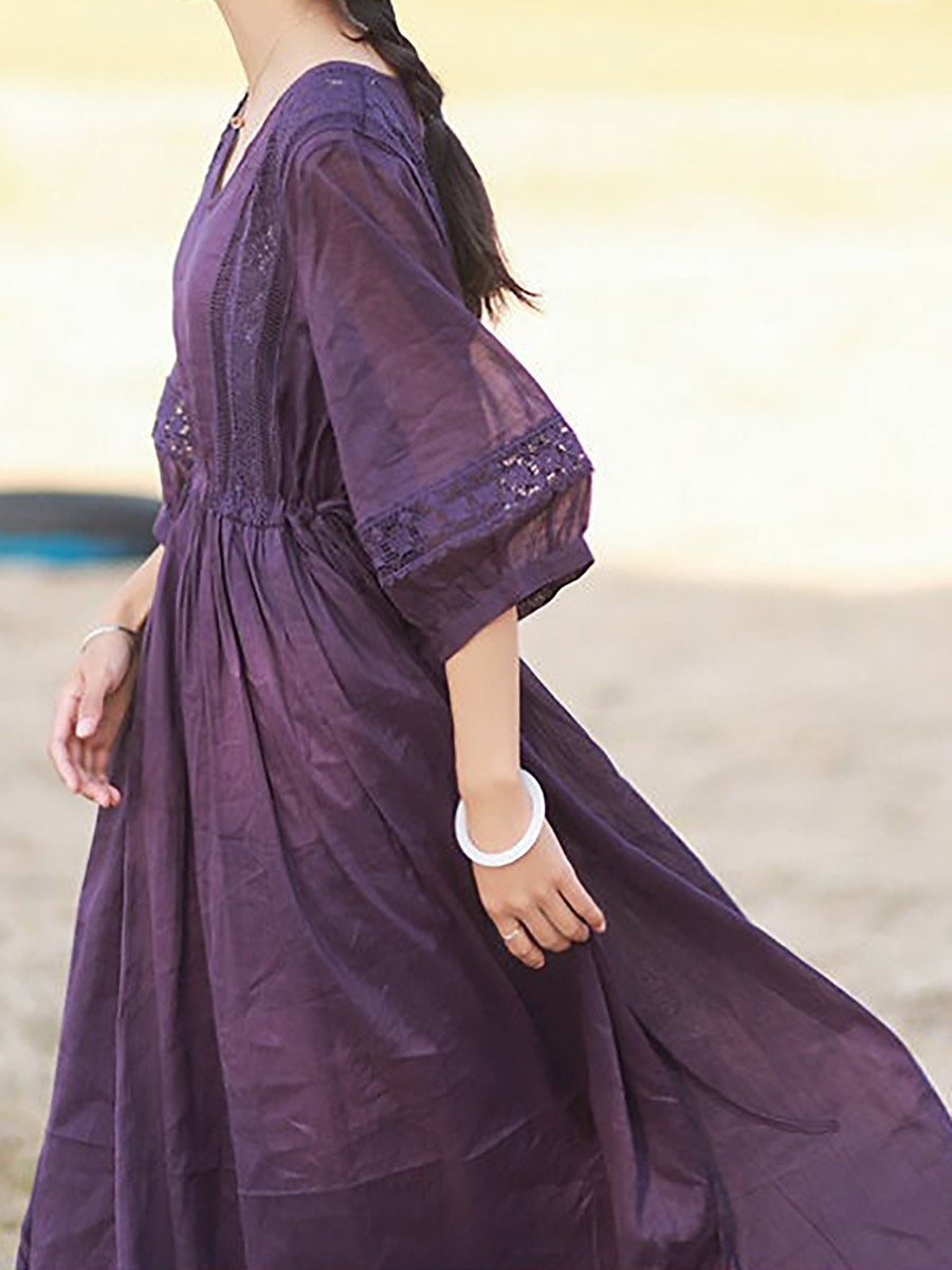 Femmes Noir Blanche Jaune Automne Robe maxi Robes inspirées du lin Robe Décontractée Basique Classique Occasionnel Extérieur Vacances Quotidien Coupe Ample Uni Col en V de 2025 ? $32.99 –P2