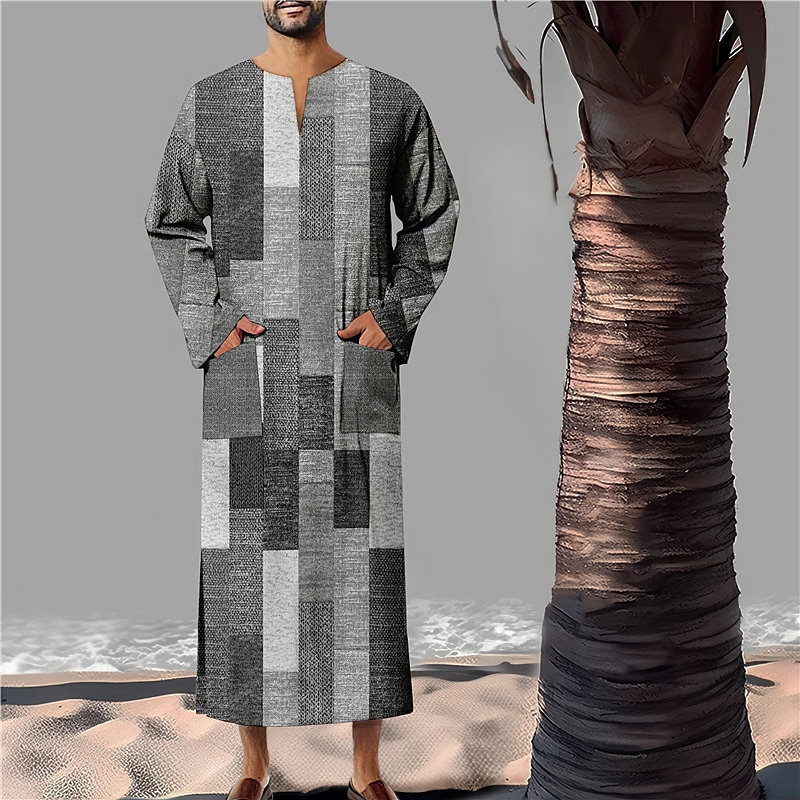 Herr Geometriska mönster Skjorta Knapp upp skjorta muslimska Thobe Långärmad Vintage Mode Designer Utomhus Höst vinter V-hals Mönster Gul Ljusgrön Rodnande Rosa Blå Grön 2025 - $31.99 –P6