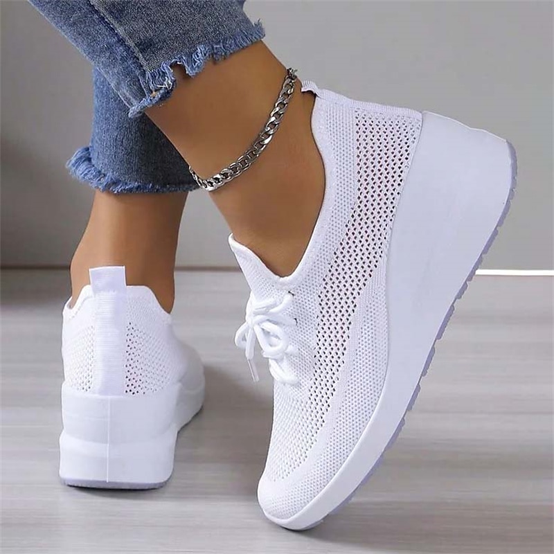 Damen Turnschuhe Schuhe mit innerer Höhenerhöhung Outdoor Täglich Feste Farbe Sommer Keilabsatz Runde Zehe Sport Brautkleider schlicht Komfort Rennen Wanderschuhe Fliegendes Weben Gummiband Schwarz 2025 - $29.99 –P2