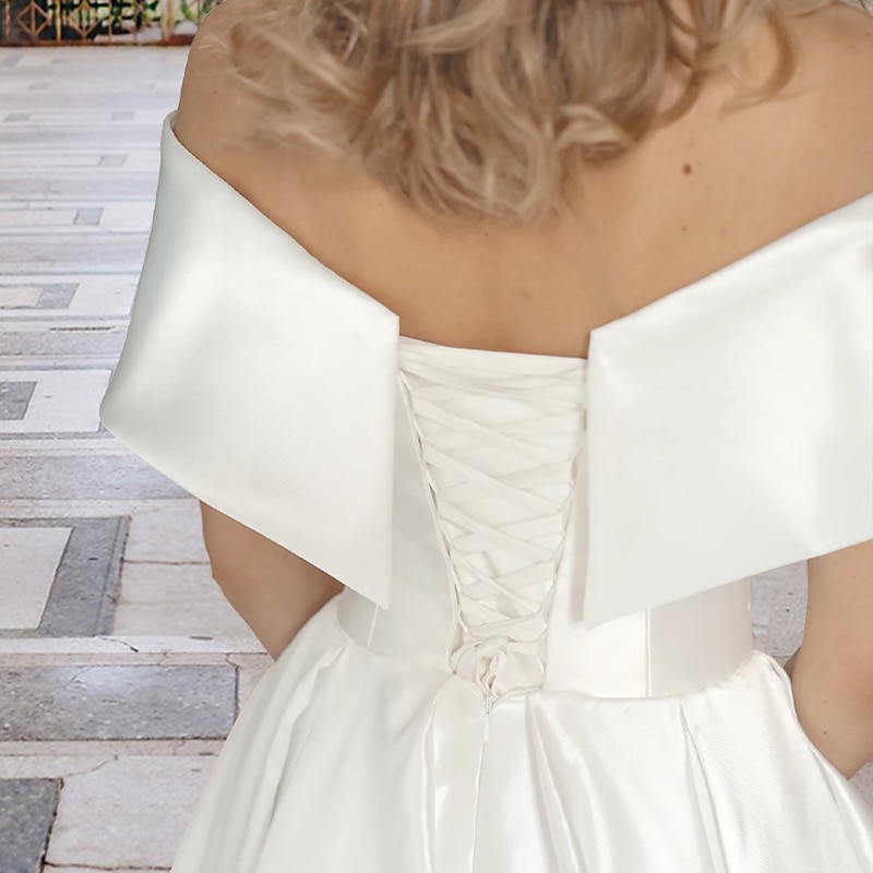 Mottakelse Liten Hvit Kjole Bryllup Dusj Kjoler Bryllup Kjoler A-Linje Off Shoulder Kappe Erme Te Lengde Sateng Bryllups Gowns Med Folder Rynket 2025 - $150.99 –P2