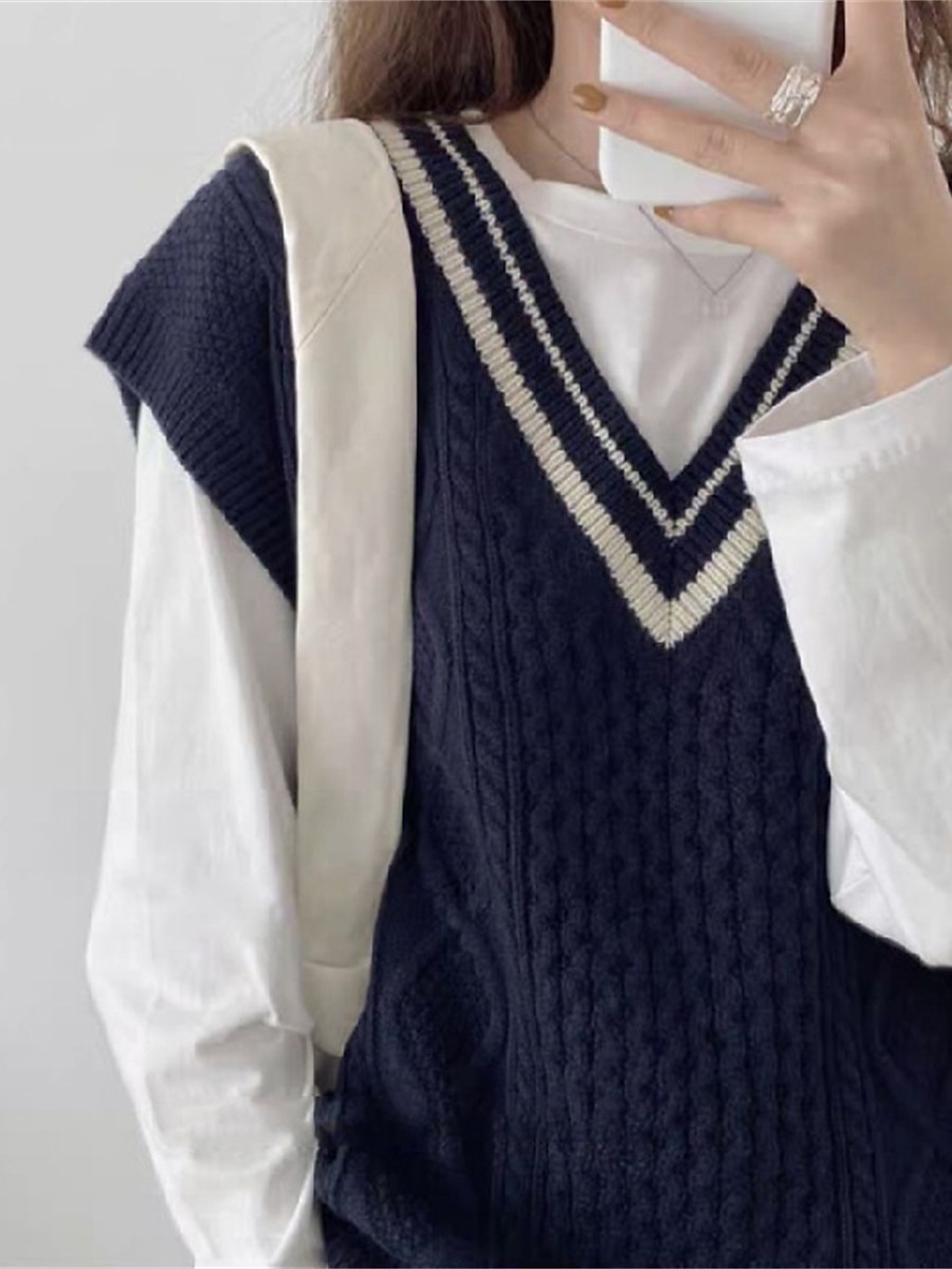 Women's Sweater Vest V Neck Cable Knit Knit Oversized Summer Fall Outdoor Daily Going out Stylish Casual Soft Sleeveless Striped Wine Navy Blue Beige One-Size 2023 - US $25.99 –P6
