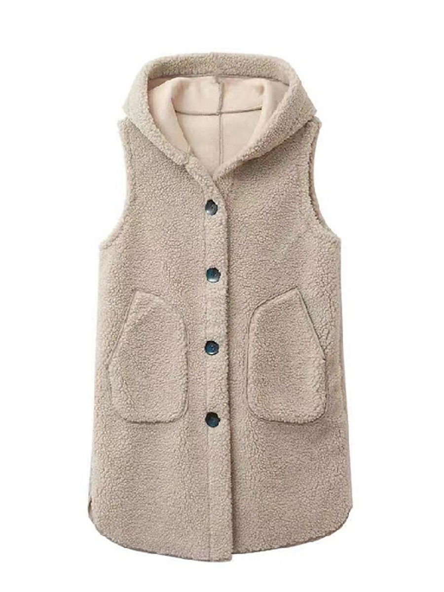 Women's Winter Coat Teddy Vest Fall Winter Long Sherpa Jacket Regular Fit Windproof Warm Contemporary Casual Street Style Jacket Sleeveless Plain with Pockets Wine Apricot 2023 - US $23.99 –P3