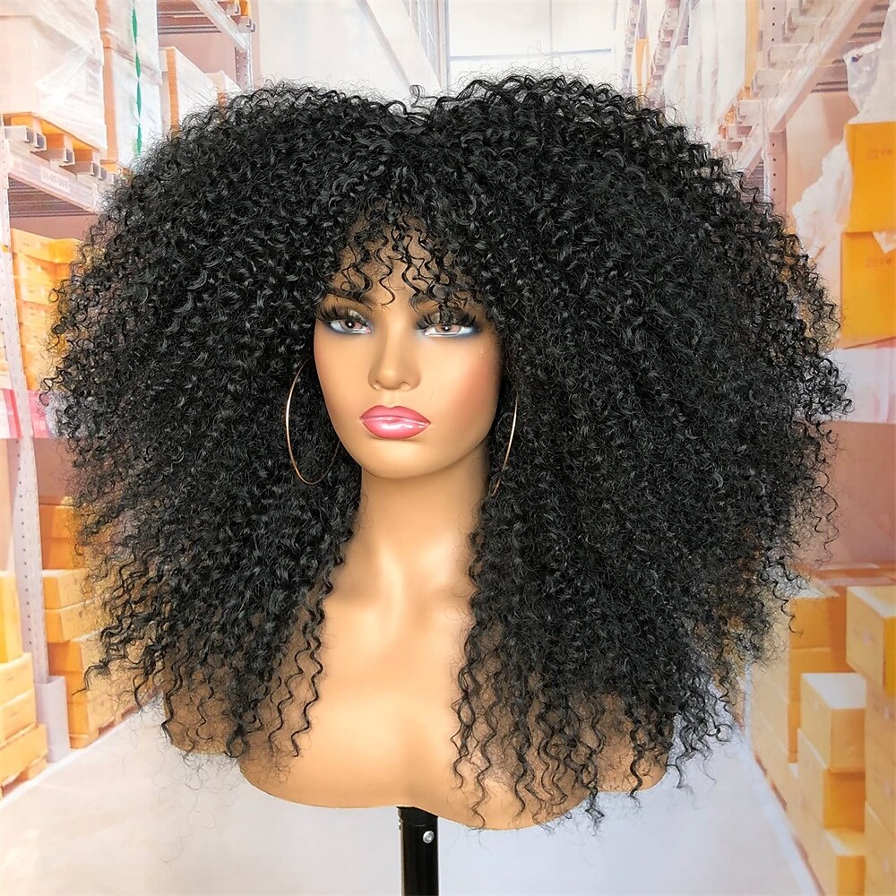 18 inch lange krullende pruik met pony voor zwarte vrouwen afro bom kinky krullende pruik pluizig en zacht synthetisch haar 2025 - $24.99 –P4